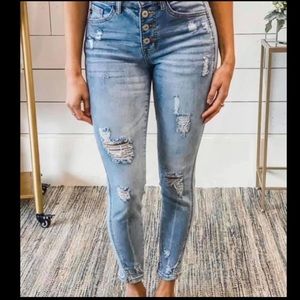 KanCan Medium/Light Wash High Waiste Skinny Jean, Button Fly and Hem Detail